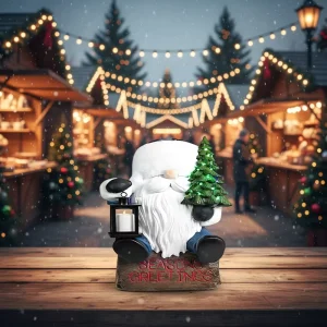 Christmas Gnome Statue with LED Lighted Tree and Lantern Hand Painted Resin ‘Season’s Greetings’ Decor for Home Garden