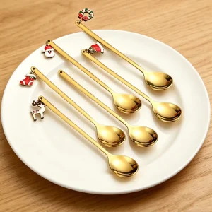Christmas Gold Spoon Fork Set 6Pcs Stainless Steel Reusable Coffee Dessert Tea Spoons Enamel Charms Festive Tableware Gift Box