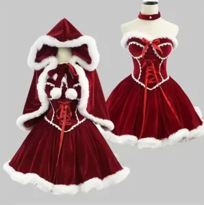 Christmas Gown Costume Santa’s Elves Adult Medieval Hooded Cloak Lolita Carnival New Year Dress Women Xmas Cosplay Costumes