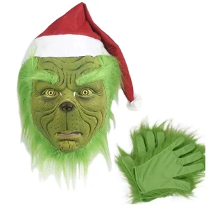 Christmas Green Monster Latex Mask Adult Furry Costume Accessories Red Hat Cosplay Full Overhead Man Halloween Party Mask