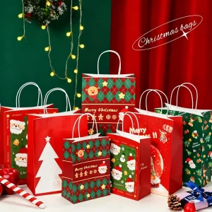 Christmas Handmade Custom Design Drawstring Colorful Luxury Eco Friendly Reusable Lamination Recycled Kraft Paper Pouch Gift Bag
