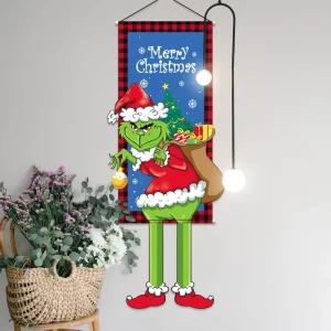 Christmas Hanging Banner with Santa Snowman Reindeer Grinch Pattern for Festival Party Wall Decor