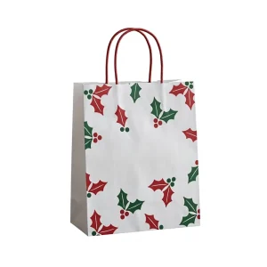 Christmas Holly Gift Paper Bag White Kraft Shopping Treat Bag with Red Twisted Handle for Holiday Party