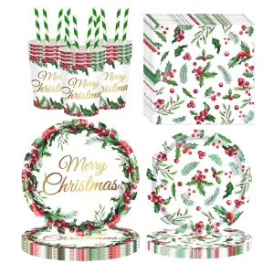 Christmas Holly Theme 125 Piece Disposable Party Tableware Set Paper Plates Cups Napkins Straws Holiday Gathering Decoration