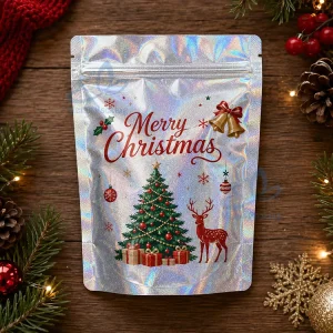 Christmas Holographic Food Packaging Bags Custom Iridescent Pouch for Candy Cookies and Party Packs Bulk Bag