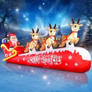Christmas Inflatable Santa Claus on Sleigh with 3 Reindeers Outdoor Decorations Christmas Blow up Decorations with LED Lights