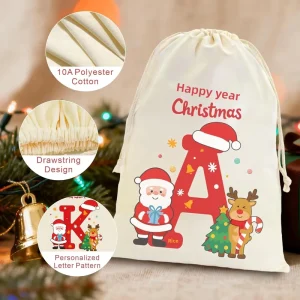 Christmas Initials Large Cotton Linen Drawstring Bag Reindeer Tree Design Santa Claus Gift