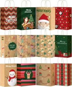 Christmas Kraft Paper Gift Bags with Lamination and Handle for Holiday Packaging and Recyclable Goody Bags