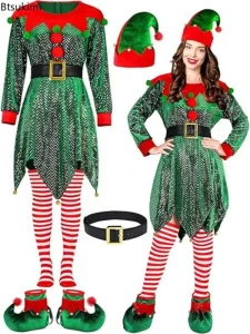Christmas Lady Elf Cosplay Costume Set Velvet Sequined Dress Stage Performance Costume Christmas Party Dresses for Women