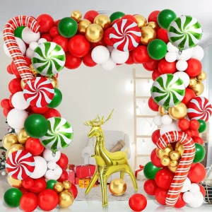 Christmas Latex Balloon Arch Kit Pinwheel and Cane Foil Balloon for Christmas Party Decoration