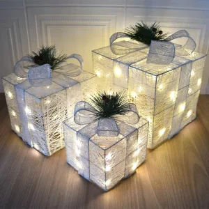 Christmas Light Gift Box Set Decoration Custom Iron 3 Pcs LED Light Foldable Christmas Gift Boxes Set
