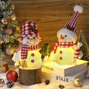Christmas Lighted Snowman Plush Doll Set with LED Warm Glow Holiday Ornament Tabletop Decoration for Home Gift