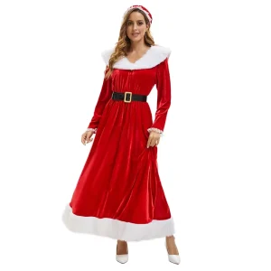 Christmas Long Dress Red Long Sleeved Velvet Santa Hat Set Adult Cosplay Santa Claus Party Costume Women’s Christmas Dress