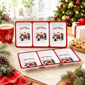 Christmas Melamine Three Compartment Serving Tray Ceramic Look Holiday Tableware Collection