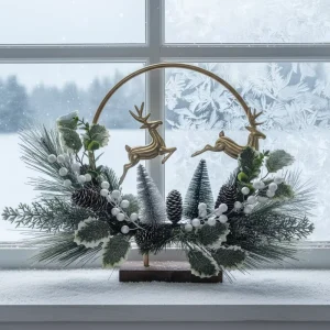 Christmas Metal Hoop Arrangements with Reindeer Gingerbread and Seasonal Accents for Home Decor