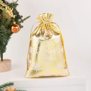 Christmas Metallic Silver Gold Drawstring Gift Bag Shiny Foil Fabric Pouches for New Year Gift Reusable Gift Wrapping Bags