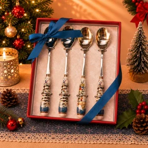 Christmas Night Town Scene 4 Piece Spoons With Gift Box Stainless Steel Dessert & Coffee Spoon Set Tableware