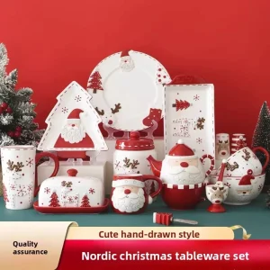 Christmas Nordic Minimalist Hand painted Porcelain Tableware Set Cute Steak Plate Embossed Underglaze Color Flat Plate Sealed