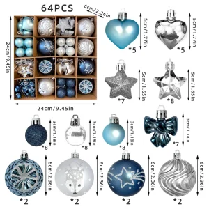 Christmas Ornaments Kit Mixed Shapes Heart Star Bow Glitter Embossed Xmas Balls Shatterproof Christmas Tree Hanging Decorations