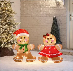 Christmas Outdoor LED Gingerbread Man Decoration 2 Piece Lighted Pre Lit Lights 23 Inch Warm White Festive