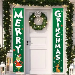 Christmas Outdoor Yard Signs Green White Front Porch Sign Set Funny Thief Christmas Door Banner Merry Grinchmas Decor