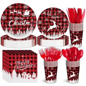Christmas Paper Tableware Set Red Plaid Disposable Dinnerware Plates Cups Napkins Straws Cutlery 90PCS Holiday Party Supplies