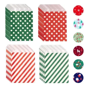 Christmas Paper Treat Bags Polka Dot Striped Pattern Candy Buffet Bags with Stickers for Xmas Party Favor Paper Gift Bags