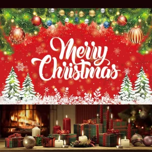 Christmas Party Backdrop Polyester Banner Featuring Red Backdrop Green Pine Leaves Snowflakes and Colorful Decorations