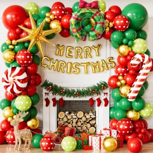 Christmas Party Balloon Chain Arch Kit Festive Decor Polka Dot Red Green Chrome Gold Latex Candy Cane 16inch Letter Foil