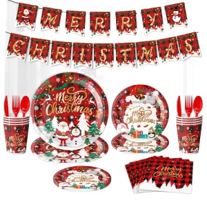 Christmas Party Decor Disposable Cartoon Paper Plate Fork Spoon Knife Cup Napkin Xmas Party Tableware Dinnerware Set