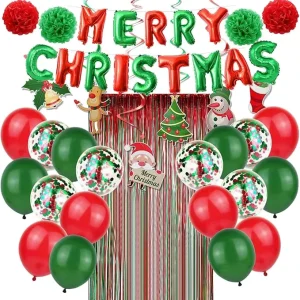Christmas Party Decorations Pack Party Supplies Including Confetti Balloons Banner Poms Flowers Hanging Swirls Fringe Curtain