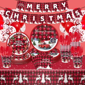 Christmas Party Decorations Tableware Set Red Checkered Snowflake Style Disposable Tableware Set Baby Shower Party Supplies