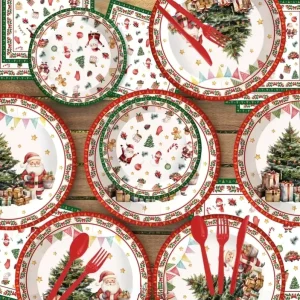 Christmas Party Dinnerware Set Disposable Paper Tableware Featuring Snowmen and Fawns Elegant Plate Design