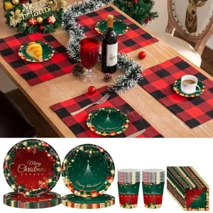 Christmas Party Disposable Tableware Sets Decorations Red Green Christmas Tree Gift Print Paper Plates Tissue Paper Tablecloth