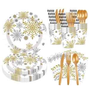 Christmas Party Supplies Golden Snow Tableware Dinnerware Disposable Paper Plates Napkins Xmas Decorations