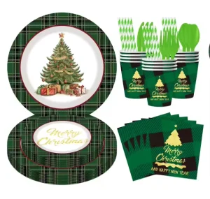 Christmas Party Supplies Red Flower Theme Tableware Dinnerware Disposable Paper Plates Napkins Xmas Decorations