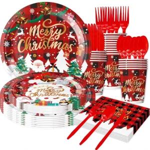 Christmas Party Supply Set Banners Paper Plates Cups Napkins Cutlery for Holiday Decoration