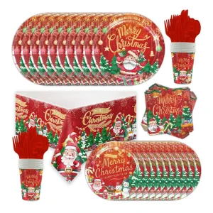 Christmas Party Tableware Set Paper 7inch + 9inch Colorful Dessert Plates Cups Party Supplies Decorations