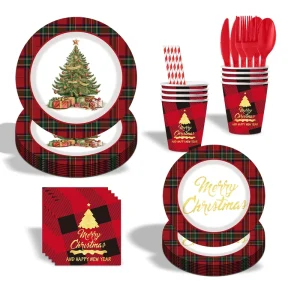 Christmas Party Tableware and Decorations Disposable Paper Cups Plates Tissues Elegant Table Set