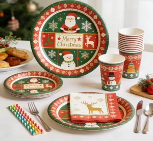 Christmas Party Theme Disposable Tableware Set Xmas Dinner Supplies Complete Christmas Disposable Set Party Table Decor Kit