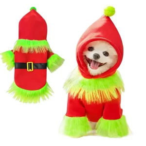 Christmas Pet Dog Elf Santa Claus Foldable Winter Costume with Hood Green Plush Trim Xmas Party Dress Small Medium