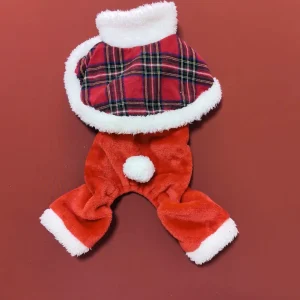 Christmas Pet Jumpsuit Red Plaid Plush Santa Claus Costume with Fur Collar