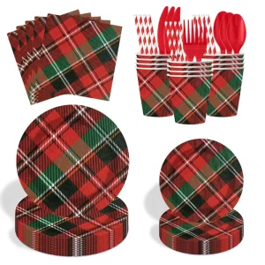 Christmas Plaid Disposable Party Tableware Set Paper Plates Cups Napkins Cutlery Straws 8 Piece Holiday Decoration Supplies Bulk