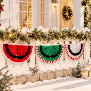 Christmas Polyester Semicircle Pleated Fan Flag Bunting Banner Decoration Portable Porch Mantel Fence