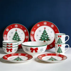 Christmas Porcelain Dinnerware Set with Santa Snowflake Reindeer Design Custom Ceramic Tableware for Holiday Meal Party