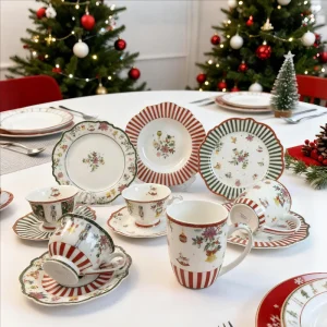 Christmas Porcelain Tableware Ceramic Waved Shape Cups Saucers Plates Home Party Decor Festive Holiday Dinnerware