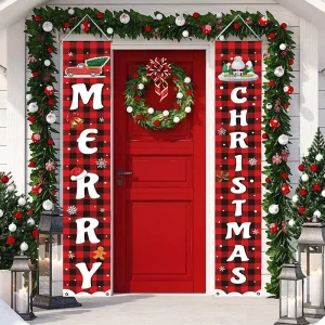 Christmas Porch Banners Festive Hanging Decorations with Wooden Plastic Scrolls Holiday Couplet