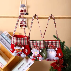 Christmas Recycled Fabric Tote Style Santa Claus Snowman Reindeer Gift Bag with Handle for Kids Festive Holiday