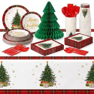 Christmas Red Grid Paper Tableware Set for Party Plates Napkins Cups Forks Spoons