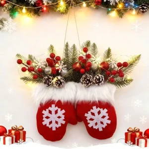 Christmas Red Plush Mitten Wreath with Warm LED Lights Festive Greenery for Holiday Party Decoration